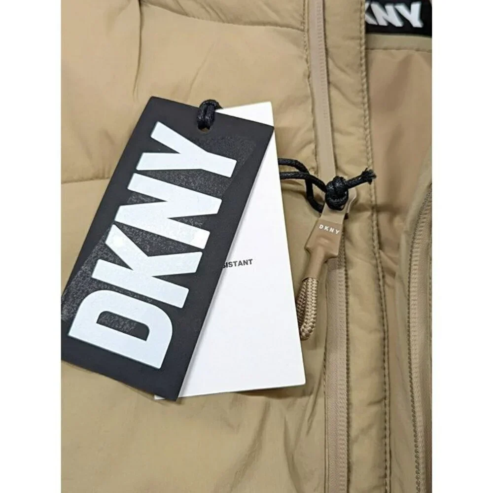 DKNY Women's Zip-Front Nylon Puffer Jacket Dark Beige Size M (MSRP $265)
